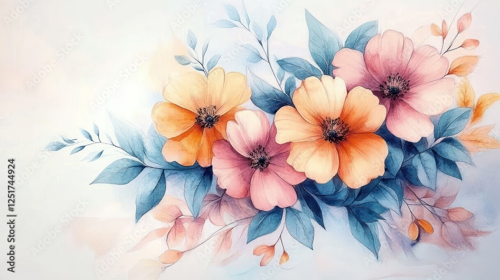 Fototapeta premium Watercolor Floral Arrangement with Pink Yellow Flowers and Green Leaves for Stationery and Wallpaper Designs