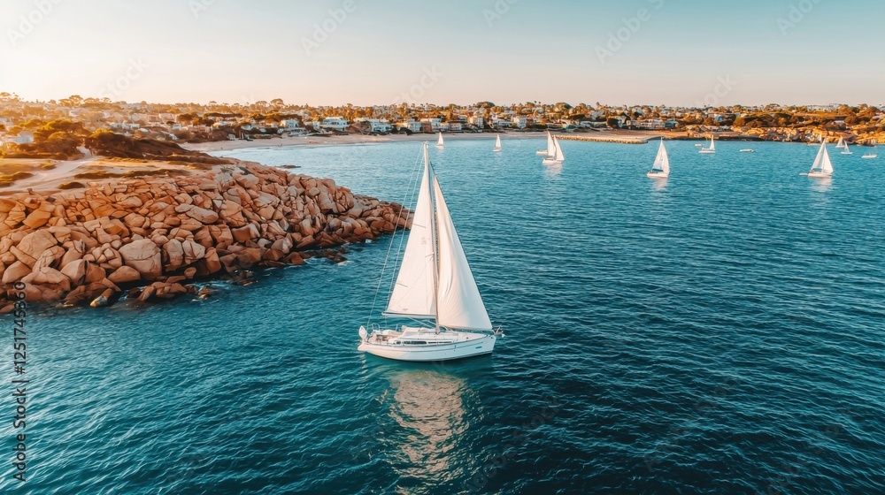 Obraz premium Sailing adventure on clear waters coastal town aerial photography serene environment scenic viewpoint leisure and travel concept