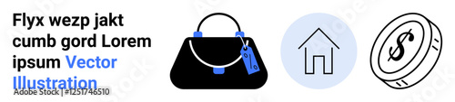 Handbag with tag, simple house outline, and dollar coin icon represent shopping, finances, real estate, minimalism, investment, savings and retail themes. Ideal for flat landing page banner