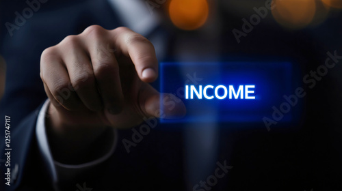 Digital finance concept with a touchscreen button symbolizing income growth, investment, and wealth creation, representing financial freedom, business success, and modern strategies for revenue genera