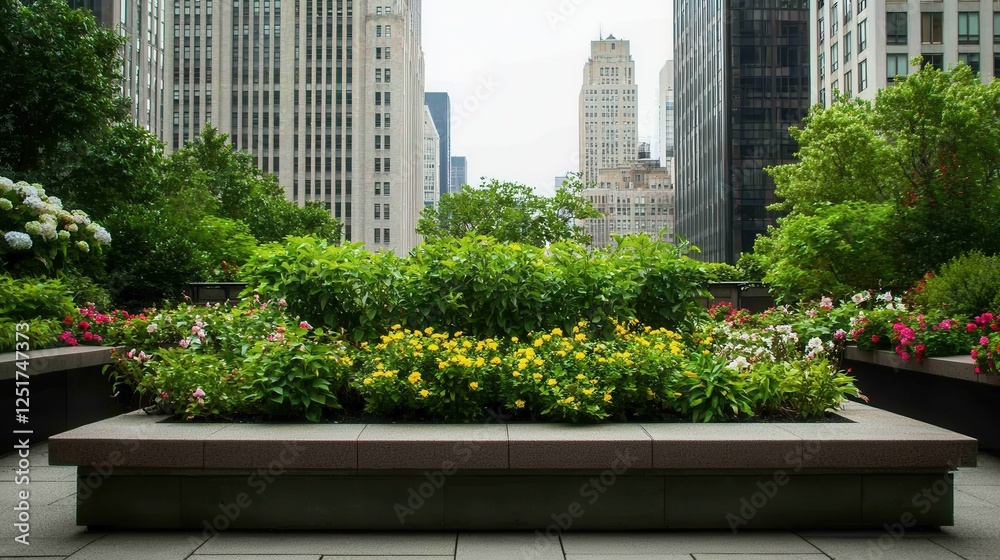 Fototapeta premium Urban greenery showcase rooftop garden city landscape vibrant plants modern architecture nature's oasis in the heart of the city