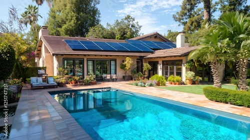 Wallpaper Mural A modern residence house with solar panels installed on the roof and a swimming pool at beautifully designed backyard Torontodigital.ca