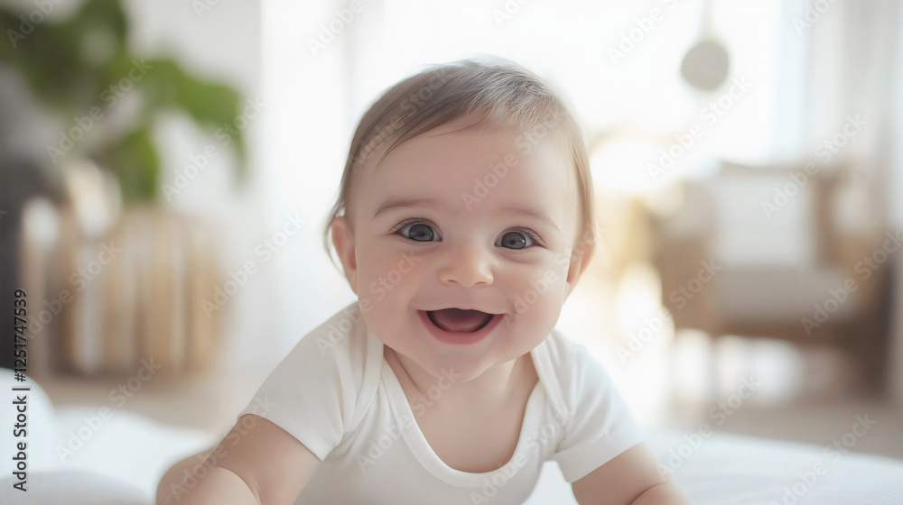Cheerful Baby Portrait in Natural Light Capturing Joy and Innocence at Home Cheerful Baby Portrait in Natural Light Capturing Joy and Innocence at Home