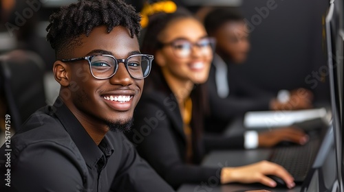 Happy Call Center Employee Smiling at Desk Customer Service Team Office Work Collaboration