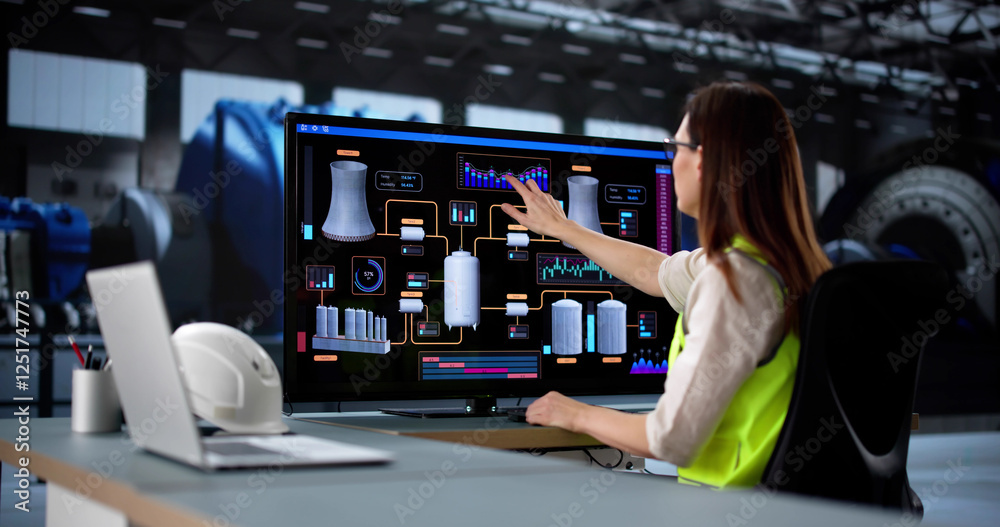 Young female engineer operates SCADA system Young female engineer operates SCADA system