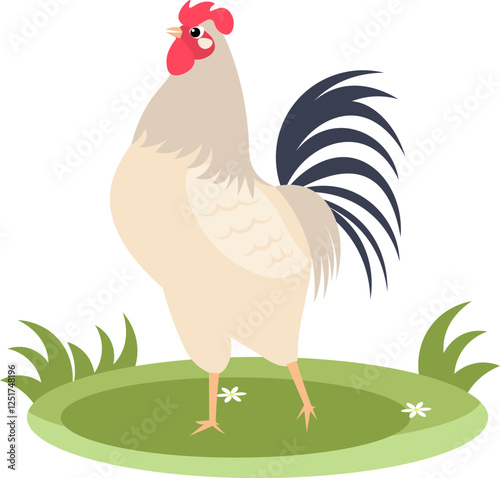 Farm Animals. Cute farm. An important rooster stands on the green grass.  Collection of farm animals. Baby flat vector illustration. Isolated