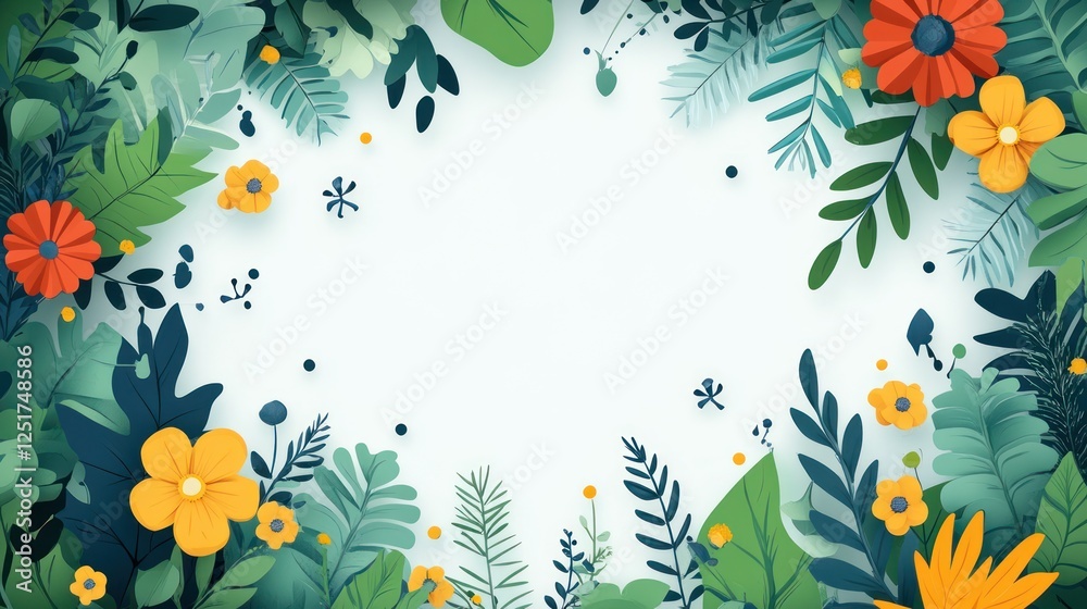 Obraz premium Floral frame, paper art, white background, spring, nature, design, template, invitation