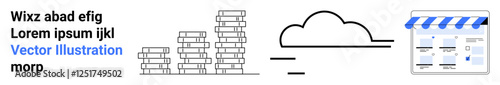 Stacked coins beside cloud icon and storefront, showcasing a digital approach to finance, savings, and e-commerce. Ideal for financial planning, cloud services, online shopping, business growth