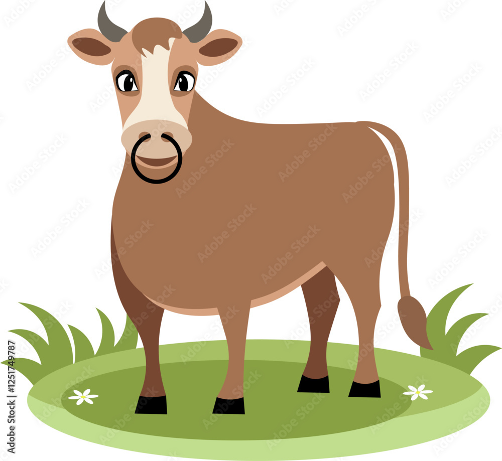 Farm Animals. Cute farm. A serious bull stands on the green grass. Collection of farm animals. Baby flat vector illustration. Isolated Farm Animals. Cute farm. A serious bull stands on the green grass. Collection of farm animals. Baby flat vector illustration. Isolated