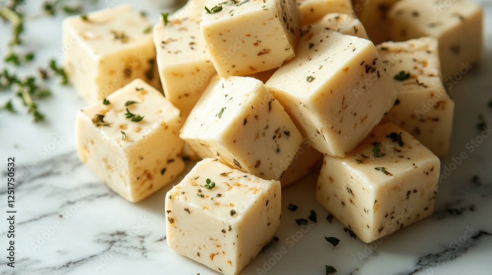 A close-up shot of creamy cheddar and gouda cheese cubes sprinkled with herbs, set on a stylish marble background, highlighting the texture and freshness of the cheese. A close-up shot of creamy cheddar and gouda cheese cubes sprinkled with herbs, set on a stylish marble background, highlighting the texture and freshness of the cheese.