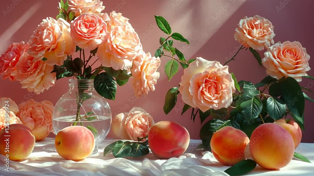 Beautiful arrangement of peach roses and fresh peaches on a table