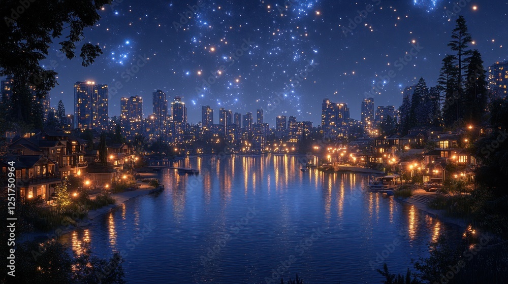 Obraz premium Night city skyline, lake reflection, starry sky, houses, tranquil