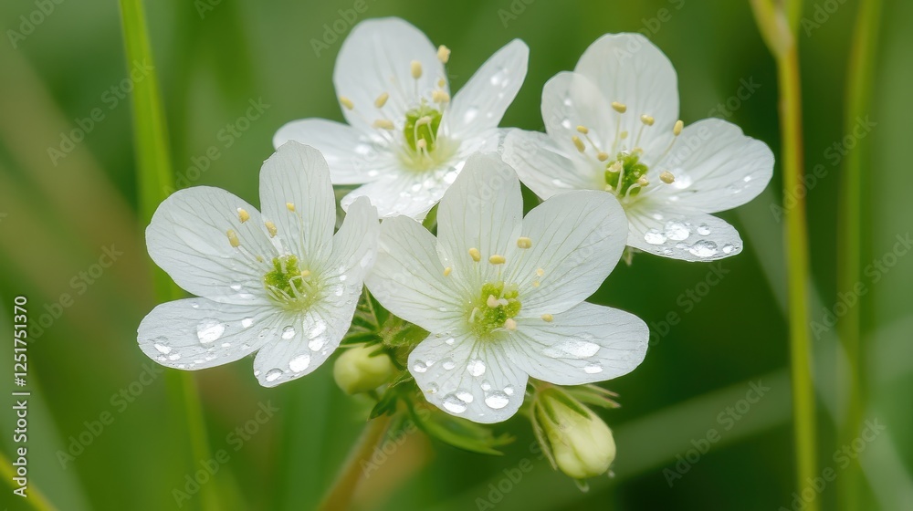 Obraz premium A cluster of wildflowers with dew drops glistening on their petals, set against a soft-focus background of green grass, evoking a sense of tranquility