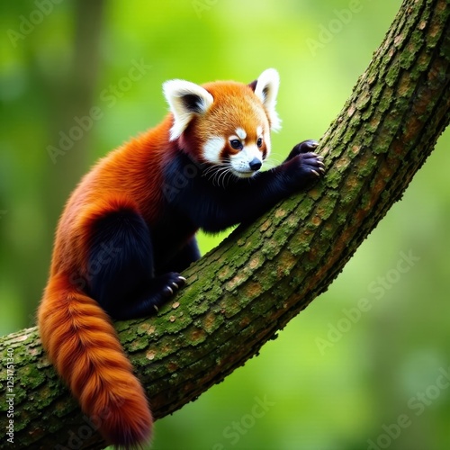 Red panda gracefully traverses a mossy tree trunk , bamboo forest, ginger, arboreal photo