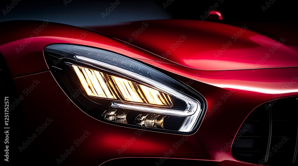 Red Sports Car Headlight Illuminated Detail Red Sports Car Headlight Illuminated Detail