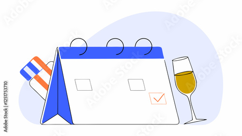A three-ring desk calendar stands upright, with credit cards peeking out from behind it and a glass of wine. The setting suggests an event or date, perhaps a celebration or special occasion.AI