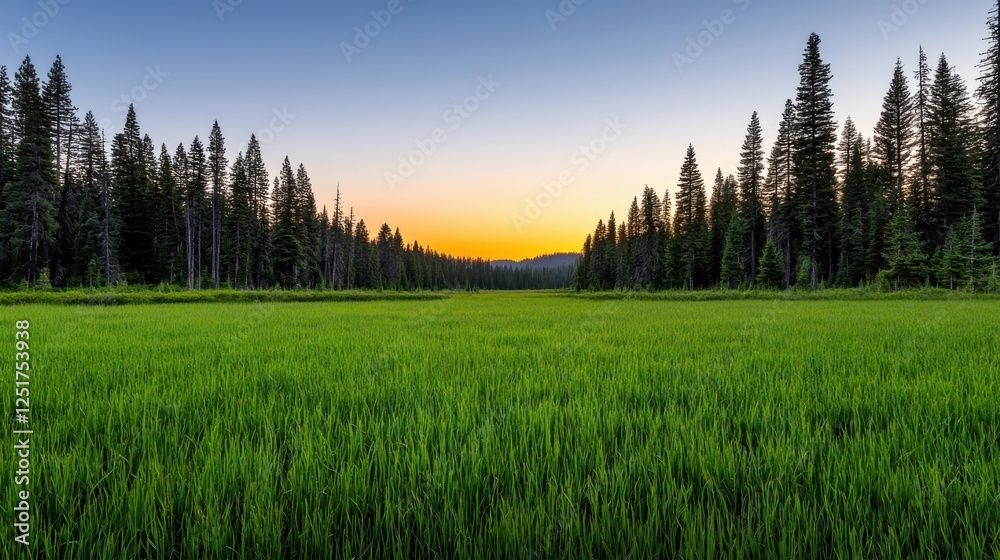 Fototapeta premium Sunset over green meadow forested area nature scene tranquil environment wide-angle view serene landscape for relaxation