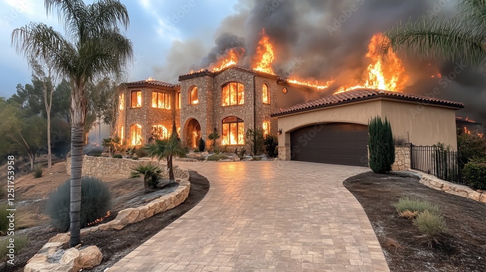 large stone house is engulfed in flames as thick smoke fills the air during an afternoon blaze in a suburban neighborhood, causing alarm among nearby residents large stone house is engulfed in flames as thick smoke fills the air during an afternoon blaze in a suburban neighborhood, causing alarm among nearby residents