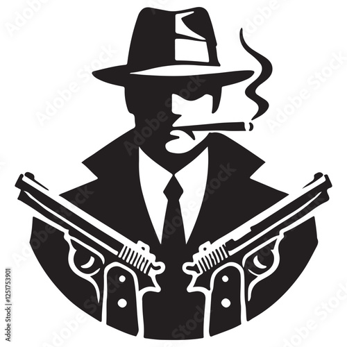 Armed Gangster Silhouette Vector with Guns and Cigar Criminal Design