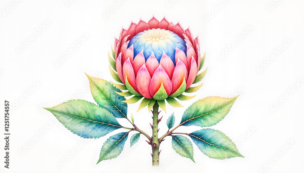 Obraz premium Single protea flower in soft pastels on white background, floral art
