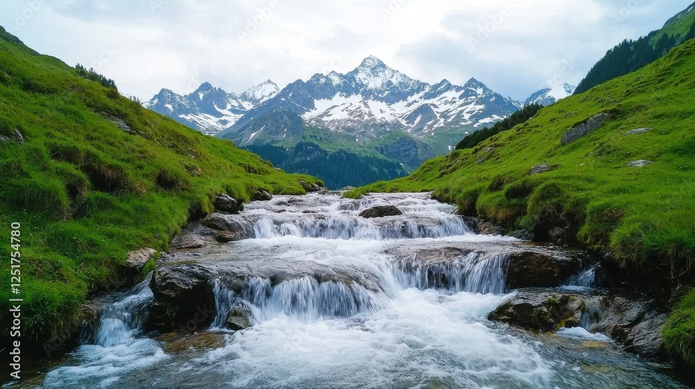 Rushing stream flowing through lush green valley majestic mountains in the background nature landscape photography serene environment wide angle view tranquility concept Rushing stream flowing through lush green valley majestic mountains in the background nature landscape photography serene environment wide angle view tranquility concept