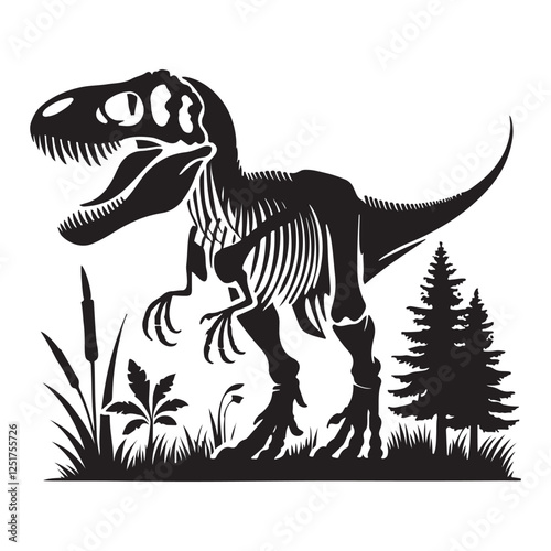 T Rex Skeleton Silhouette in Prehistoric Scene Illustration Vector