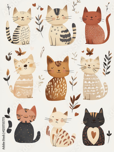 Hand drawn cat pattern with floral accents and bohemian patterns isolated on a white background for design elements