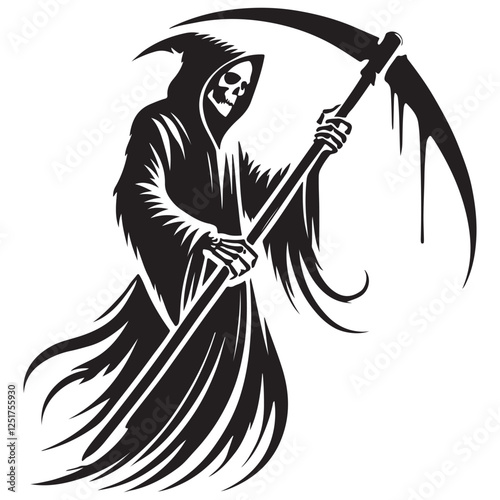 Detailed Grim Reaper Silhouette With Scythe Vector Illustration Art