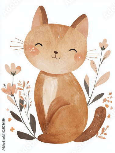 Hand drawn cat pattern with floral accents and bohemian patterns isolated on a white background for design elements