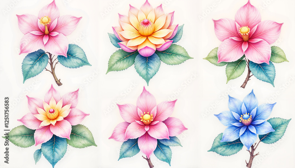 Fototapeta premium Exquisite watercolor flowers in pastel tones on white background, nature's beauty