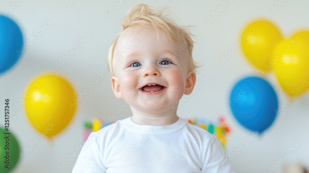 Happy Baby at Birthday Party in White Room Happy Baby at Birthday Party in White Room