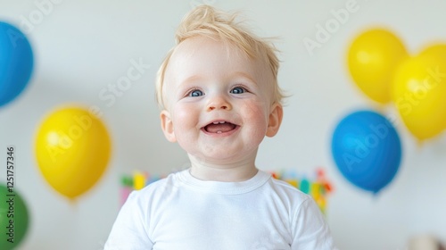Happy Baby at Birthday Party in White Room