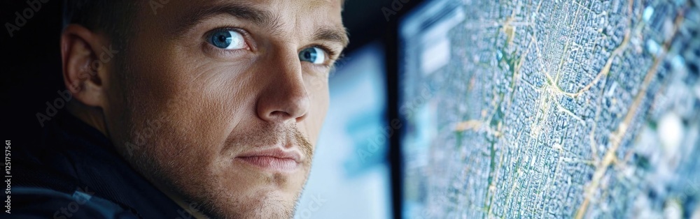 Fototapeta premium Military surveillance officer monitoring urban environment for national security operations