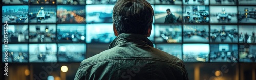 Military surveillance officer monitors city operations in high-tech control center
