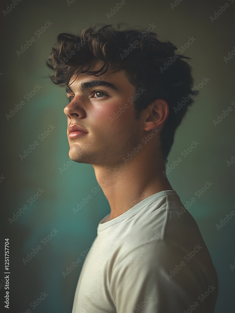Young man profile, curly hair, pensive expression, white t-shirt. Young man profile, curly hair, pensive expression, white t-shirt.