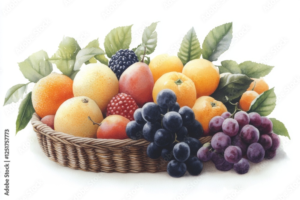 vibrant still life of assorted fruits in woven basket, showcasing oranges, grapes, and berries, evoking freshness and abundance vibrant still life of assorted fruits in woven basket, showcasing oranges, grapes, and berries, evoking freshness and abundance