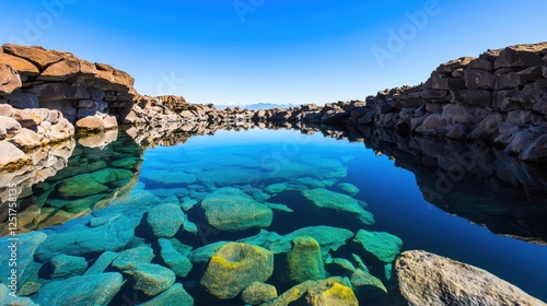 Calm reflection of crystal clear waters rocky coastline nature photography serene environment wide angle tranquility