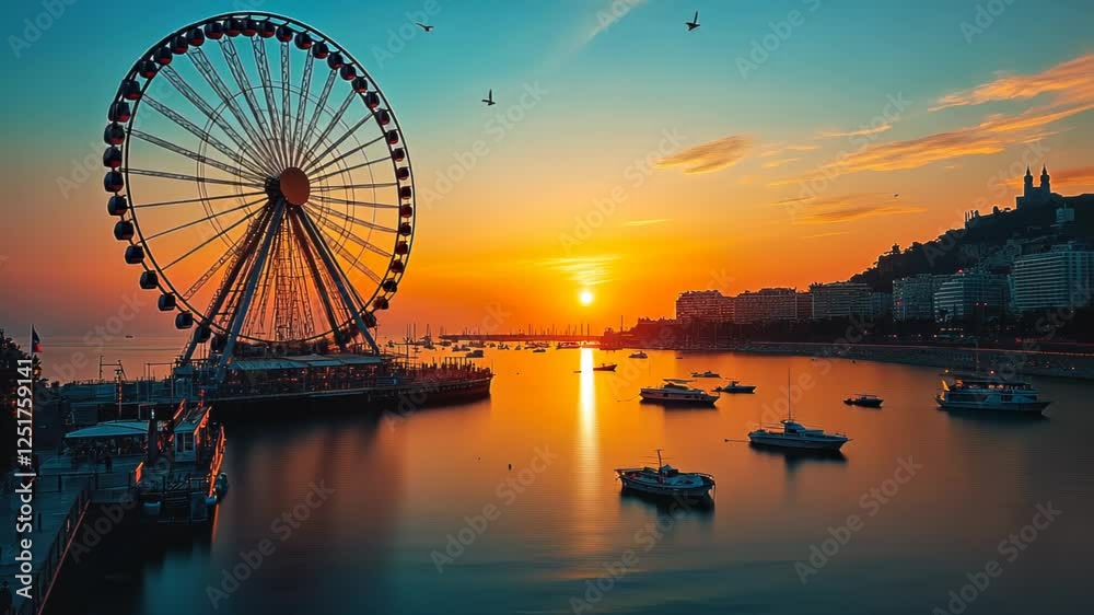 Sunset over a serene harbor with a Ferris wheel and boats silhouetted Sunset over a serene harbor with a Ferris wheel and boats silhouetted