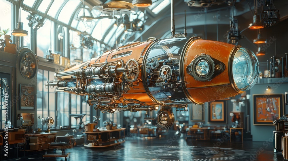 steampunk inspired flying machine suspended in stylish workshop, showcasing intricate gears and vintage design steampunk inspired flying machine suspended in stylish workshop, showcasing intricate gears and vintage design