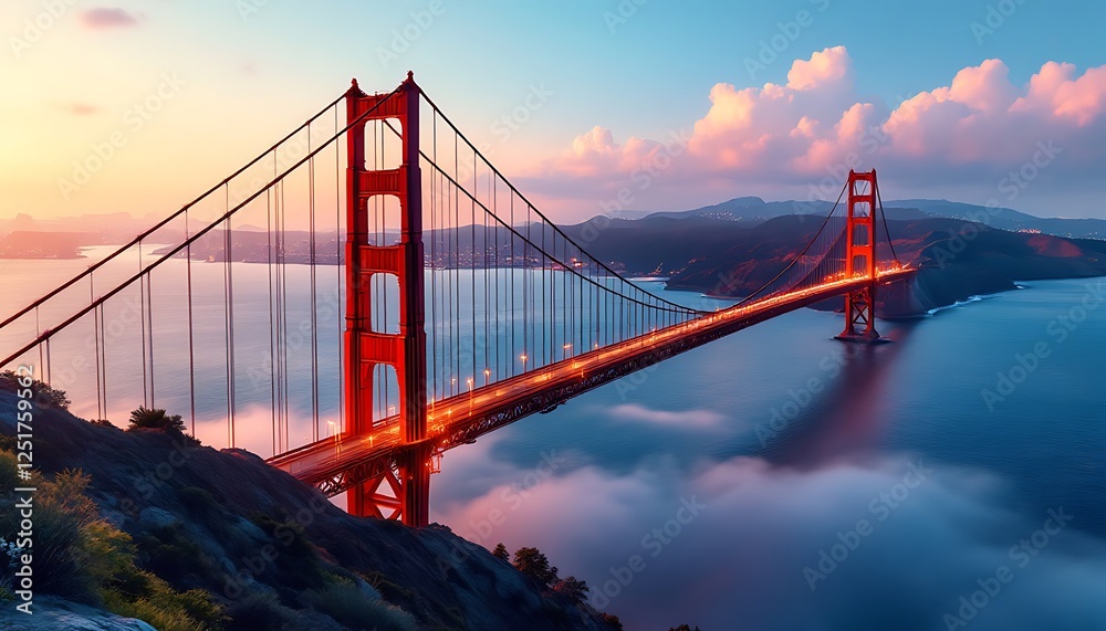 Fototapeta premium Golden Gate Bridge at Sunset with Fog Rolling in and City Lights