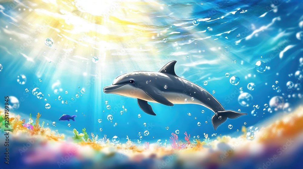 Obraz premium A dolphin swimming through a sunlit underwater scene, surrounded by bubbles and vibrant marine life, capturing the essence of ocean playfulness