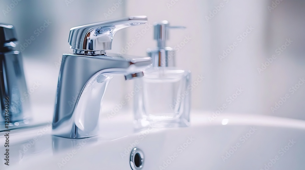 Modern chrome faucet and soap dispenser in bathroom Modern chrome faucet and soap dispenser in bathroom