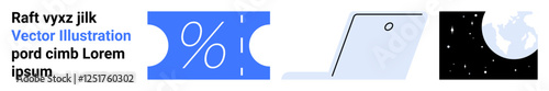 Percentage icon on blue coupon, open laptop, Earth in starry space. Ideal for finance, tech, education, discounts, connectivity global reach exploration. Abstract line flat metaphor