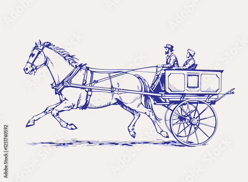 A vintage London cab. Horse-drawn carriage. Vector illustration with black lines isolated on white background in a cartoon and hand drawn style.