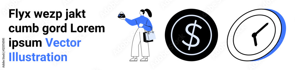 Woman holding a coffee cup and a document beside a dollar icon and a clock, symbolizing time, finances, and productivity. Ideal for business, time management, finance, efficiency, deadlines balance Woman holding a coffee cup and a document beside a dollar icon and a clock, symbolizing time, finances, and productivity. Ideal for business, time management, finance, efficiency, deadlines balance