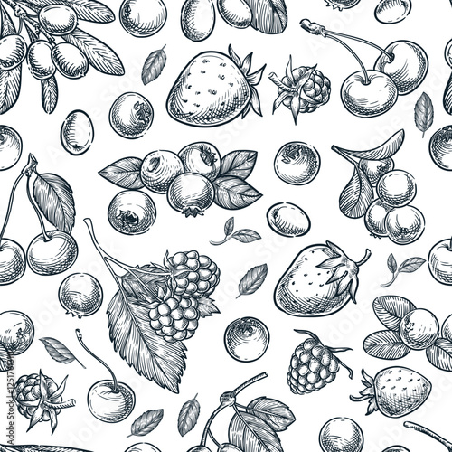 Berries seamless pattern. Vector hand drawn sketch illustration of raspberry, blueberry, strawberry, cranberry, cherry