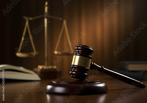 justice concept showing judge hammer and gold weighing scales on wood
