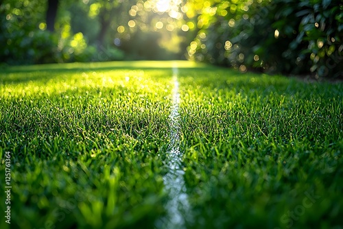 a crisp white line painted on lush green grass with blurred background lighting