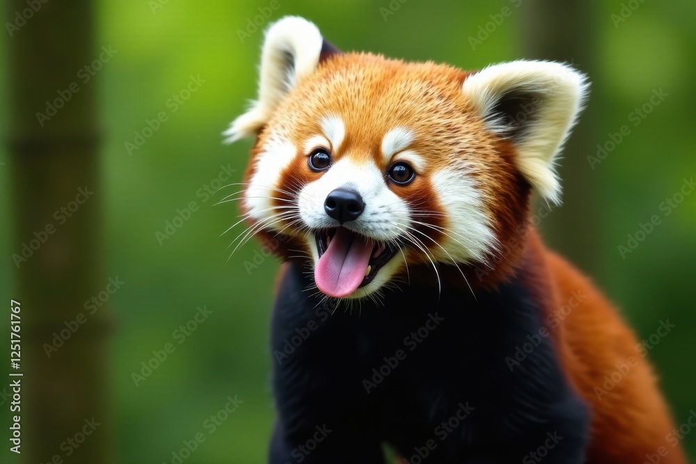 Adorable red panda, tongue out, enjoying bamboo , fluffy, zoo, sweet Adorable red panda, tongue out, enjoying bamboo , fluffy, zoo, sweet