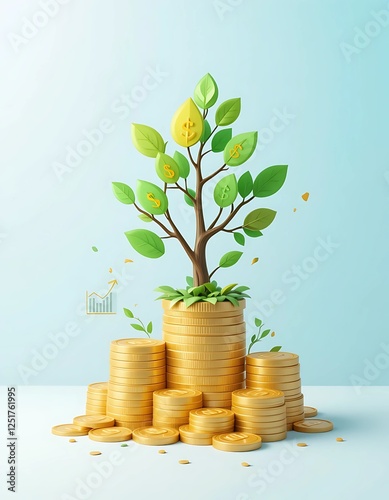 A vibrant 3D illustration of a tree growing from a stack of coins, with leaves shaped like dollar signs and upward-trending graphs.